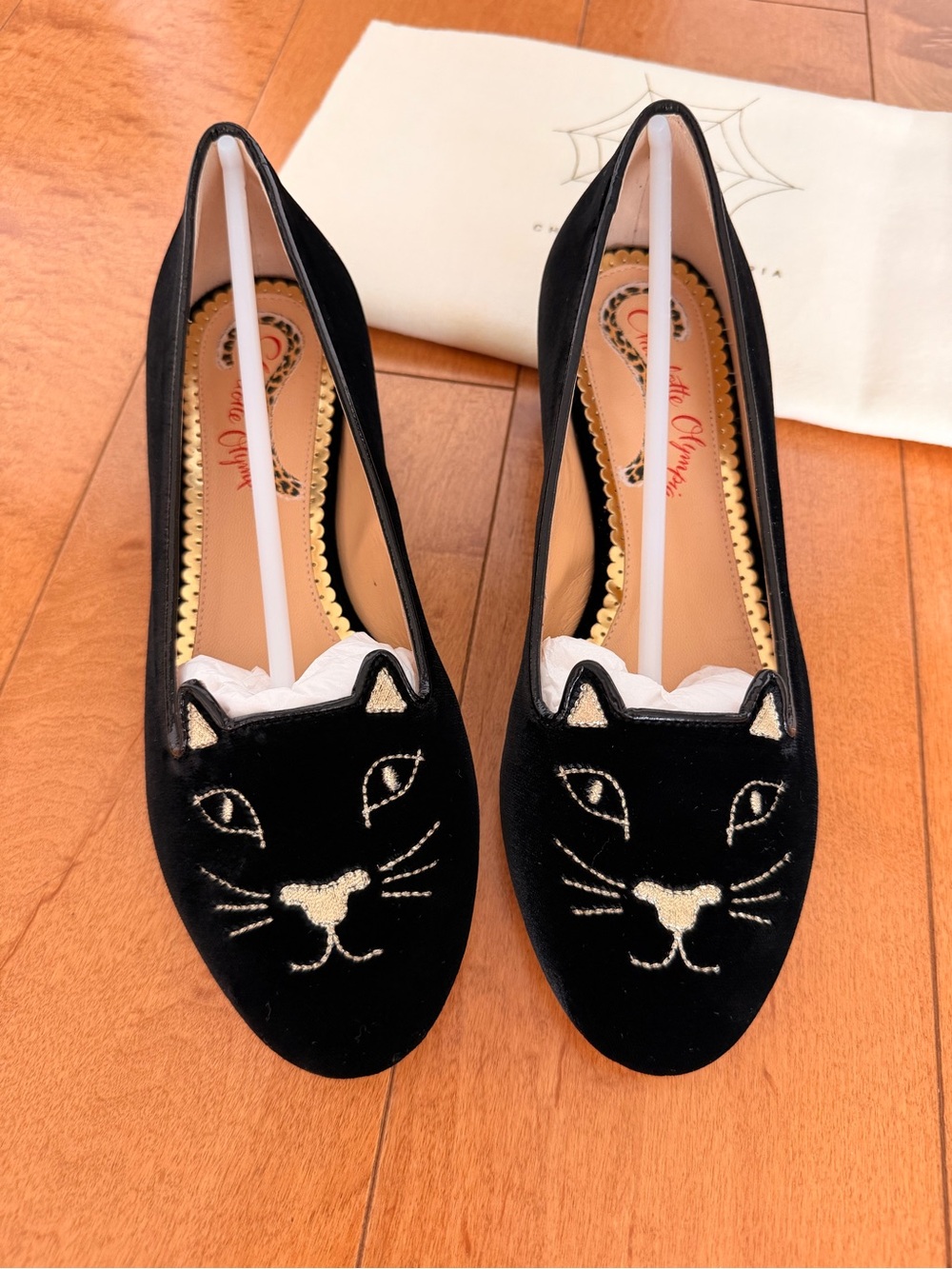 Charlotte Olympia - Velvet Kitty Cat Flats with Gold Embroidery